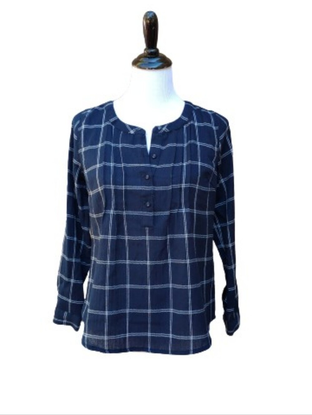 Skies Are Blue Petite Navy Blue Blouse Windowpane Check Button Neck Long Sleeves